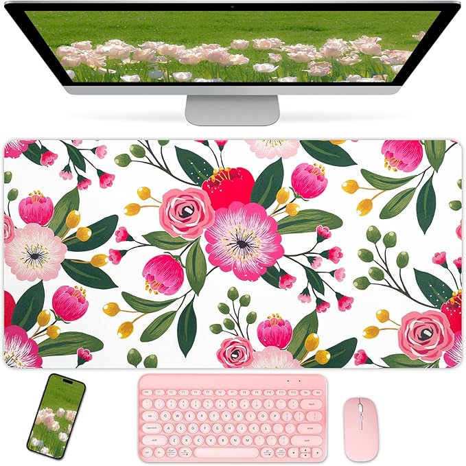 Bloss Pink Floral Desks Mat,31.5x15.7Inch Large Mouse Pad,Anti - Slip Computer Desk Pad for Office/School/Home Supplies,Keyboard and Mouse Pad,Pink Keyboard Protector Pad Mat for Women Gift | Mouse Pads - TrueDesk