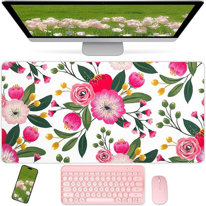 Bloss Pink Floral Desks Mat,31.5x15.7Inch Large Mouse Pad,Anti - Slip Computer Desk Pad for Office/School/Home Supplies,Keyboard and Mouse Pad,Pink Keyboard Protector Pad Mat for Women Gift | Mouse Pads - TrueDesk
