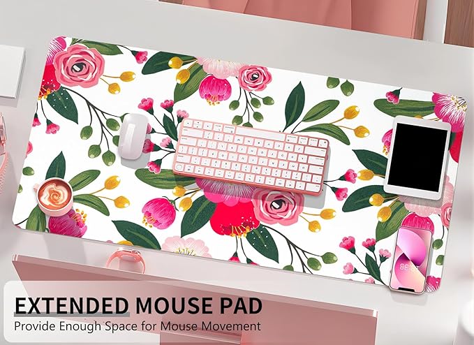 Bloss Pink Floral Desks Mat,31.5x15.7Inch Large Mouse Pad,Anti - Slip Computer Desk Pad for Office/School/Home Supplies,Keyboard and Mouse Pad,Pink Keyboard Protector Pad Mat for Women Gift | Mouse Pads - TrueDesk