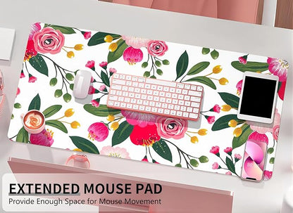 Bloss Pink Floral Desks Mat,31.5x15.7Inch Large Mouse Pad,Anti - Slip Computer Desk Pad for Office/School/Home Supplies,Keyboard and Mouse Pad,Pink Keyboard Protector Pad Mat for Women Gift | Mouse Pads - TrueDesk