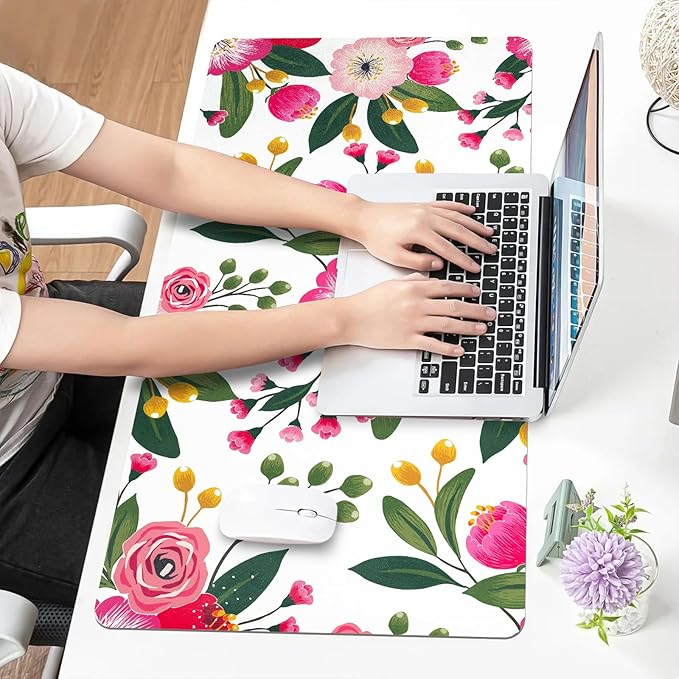 Bloss Pink Floral Desks Mat,31.5x15.7Inch Large Mouse Pad,Anti - Slip Computer Desk Pad for Office/School/Home Supplies,Keyboard and Mouse Pad,Pink Keyboard Protector Pad Mat for Women Gift | Mouse Pads - TrueDesk