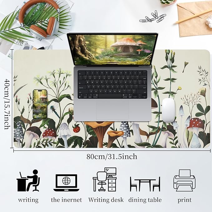 Bloss Plant Mushroom Desks Pad,31.5" x 15.7" Large Leather Mouse Pad for Desktop,Floral Desk Mat for Keyboard and Mouse,Waterproof Computer Laptop Desk Protector Mat for Office/Home/Women Gift | Mouse Pads - TrueDesk