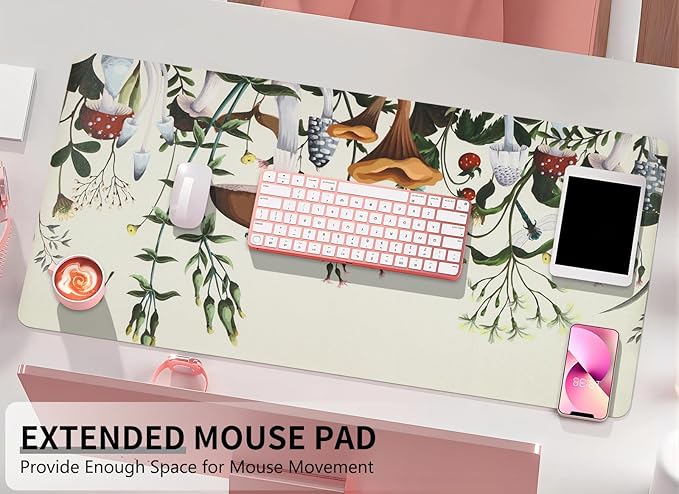 Bloss Plant Mushroom Desks Pad,31.5" x 15.7" Large Leather Mouse Pad for Desktop,Floral Desk Mat for Keyboard and Mouse,Waterproof Computer Laptop Desk Protector Mat for Office/Home/Women Gift | Mouse Pads - TrueDesk