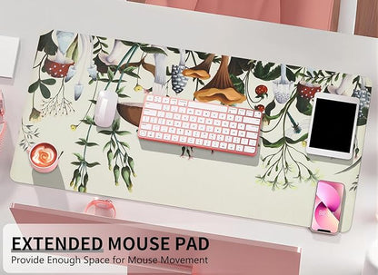 Bloss Plant Mushroom Desks Pad,31.5" x 15.7" Large Leather Mouse Pad for Desktop,Floral Desk Mat for Keyboard and Mouse,Waterproof Computer Laptop Desk Protector Mat for Office/Home/Women Gift | Mouse Pads - TrueDesk