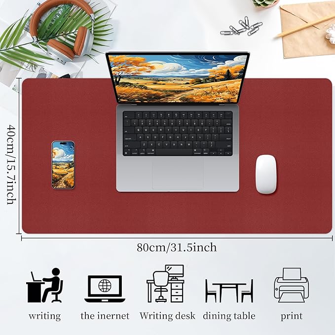 Bloss Red Leather Desk Mat Protector,Large Mouse Pad,Dual - Side Use Mouse Pads,Office Desks Mats,Laptop Protector Desks Mat,Waterproof Dual - Side Desk Keyboard/Writing Pad for Office/Home.31.5"x 15.7" | Mouse Pads - TrueDesk