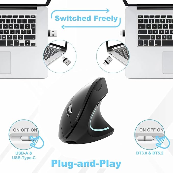 Bluetooth Mouse,Type - c and USB 2.4G Wireless Vertical Mouse Rechargeable Ergonomic Mouse, 800/1200 /1600 DPI, Buttons for Laptop, Desktop, PC, MacBook,Mac Computer (Black) | Mice - TrueDesk