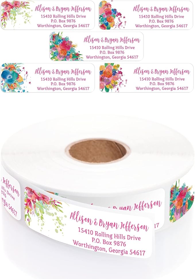 Bright Watercolor Floral Rolled Address Labels / 5 Vibrant Flower Bouquet Designs/Roll of 500 Personalized Address Labels/Designer Return Address Stickers in Elegant Plastic Dispenser | Address Labels - TrueDesk