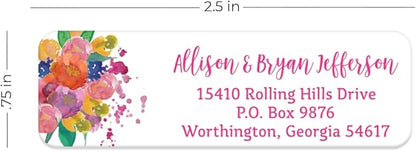 Bright Watercolor Floral Rolled Address Labels / 5 Vibrant Flower Bouquet Designs/Roll of 500 Personalized Address Labels/Designer Return Address Stickers in Elegant Plastic Dispenser | Address Labels - TrueDesk