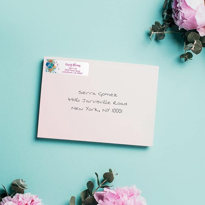Bright Watercolor Floral Rolled Address Labels / 5 Vibrant Flower Bouquet Designs/Roll of 500 Personalized Address Labels/Designer Return Address Stickers in Elegant Plastic Dispenser | Address Labels - TrueDesk