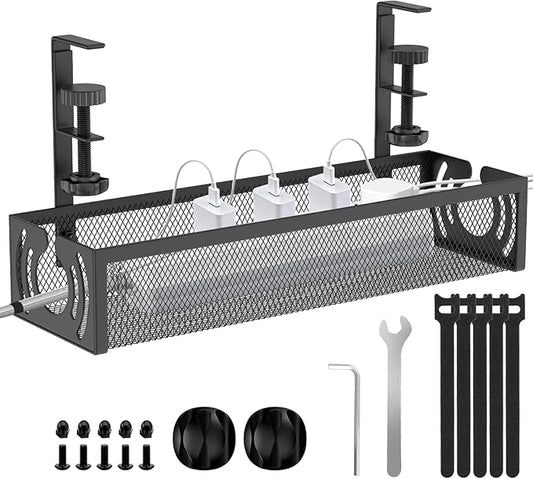 Cable Management, 15'' Under Desk Cable Management Tray No Drill, Metal Cable Organizer with Clamp for Wire Management, Cord Organizer for Home Office, Desk Accessories Organizer, Black | Cable Organizer Bags Cases - TrueDesk
