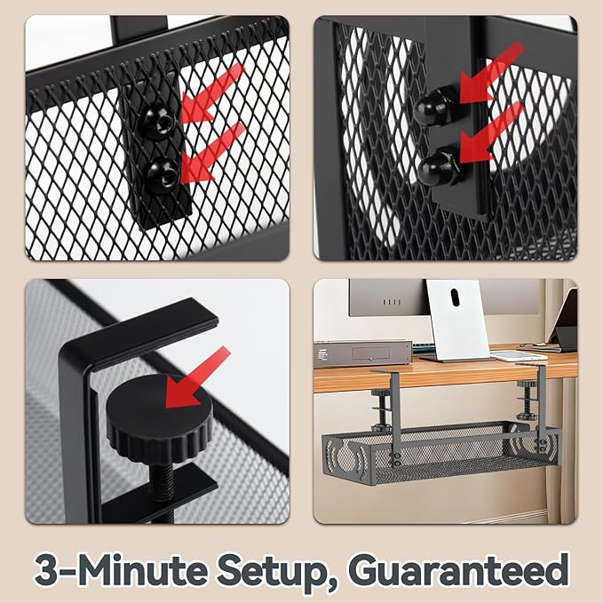 Cable Management, 15'' Under Desk Cable Management Tray No Drill, Metal Cable Organizer with Clamp for Wire Management, Cord Organizer for Home Office, Desk Accessories Organizer, Black | Cable Organizer Bags Cases - TrueDesk