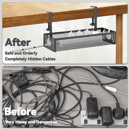 Cable Management, 15'' Under Desk Cable Management Tray No Drill, Metal Cable Organizer with Clamp for Wire Management, Cord Organizer for Home Office, Desk Accessories Organizer, Black | Cable Organizer Bags Cases - TrueDesk