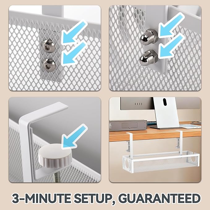 Cable Management, 15'' Under Desk Cable Management Tray No Drill, Metal Cable Organizer with Clamp for Wire Management, Cord Organizer for Home Office, Desk Accessories Organizer, White | Cable Raceways - TrueDesk