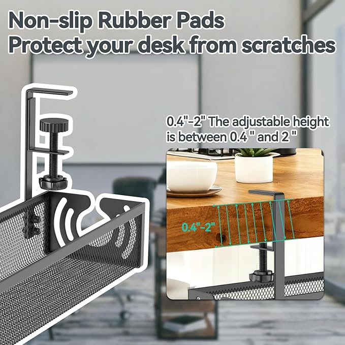 Cable Management, 15'' Under Desk Cable Management Tray No Drill, Metal Cable Organizer with Clamp for Wire Management, Cord Organizer for Home Office, Desk Accessories Organizer, Black | Cable Organizer Bags Cases - TrueDesk