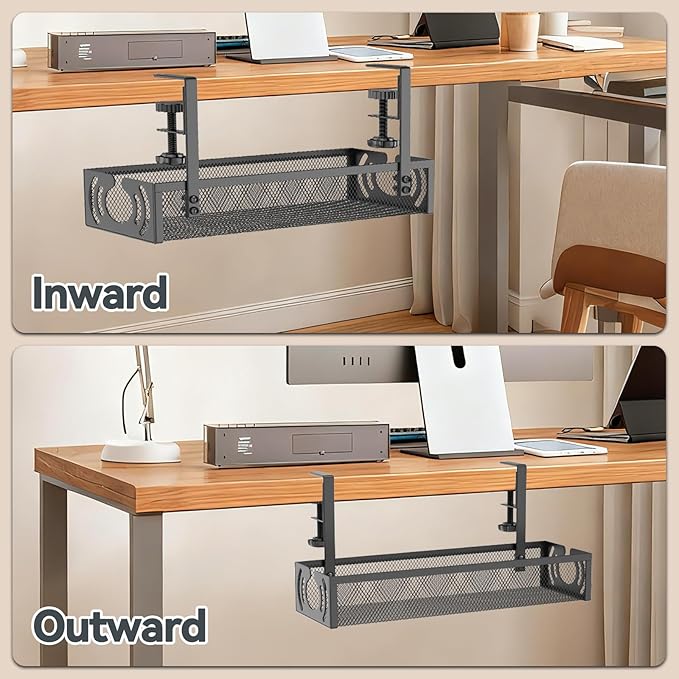 Cable Management, 15'' Under Desk Cable Management Tray No Drill, Metal Cable Organizer with Clamp for Wire Management, Cord Organizer for Home Office, Desk Accessories Organizer, Black | Cable Organizer Bags Cases - TrueDesk