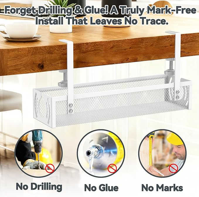 Cable Management, 15'' Under Desk Cable Management Tray No Drill, Metal Cable Organizer with Clamp for Wire Management, Cord Organizer for Home Office, Desk Accessories Organizer, White | Cable Raceways - TrueDesk