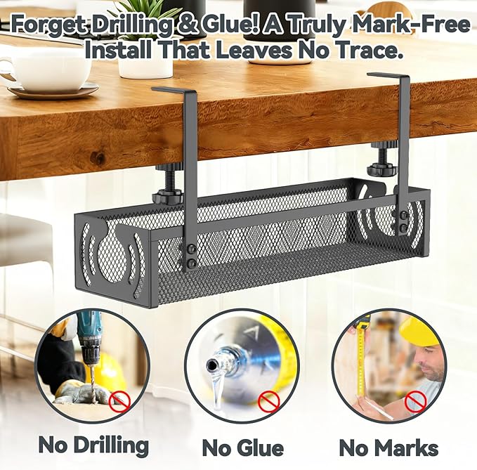Cable Management, 15'' Under Desk Cable Management Tray No Drill, Metal Cable Organizer with Clamp for Wire Management, Cord Organizer for Home Office, Desk Accessories Organizer, Black | Cable Organizer Bags Cases - TrueDesk
