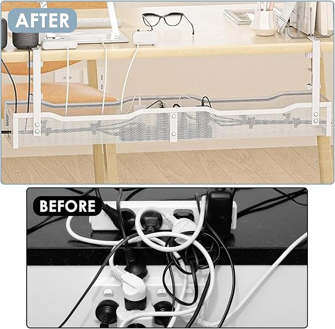 Cable Management, 25'' Cable Management Under Desk No Drill, Metal Cord Organizer with Clamp for Standing Desk, Cable Organizer for Home Office, White | Cable Raceways - TrueDesk