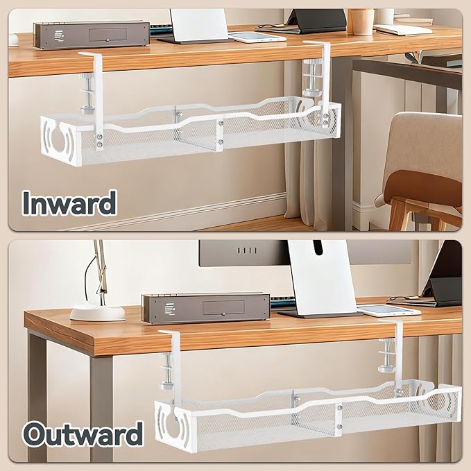 Cable Management, 25.3'' Under Desk Cable Management Tray No Drill, Metal Cable Organizer with Clamp for Wire Management, Cord Organizer for Home Office, Desk Accessories Organizer, White | Cable Raceways - TrueDesk