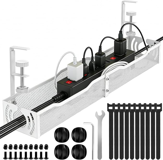 Cable Management, 25.3'' Under Desk Cable Management Tray No Drill, Metal Cable Organizer with Clamp for Wire Management, Cord Organizer for Home Office, Desk Accessories Organizer, White | Cable Raceways - TrueDesk