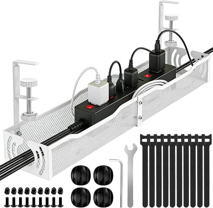Cable Management, 25.3'' Under Desk Cable Management Tray No Drill, Metal Cable Organizer with Clamp for Wire Management, Cord Organizer for Home Office, Desk Accessories Organizer, White | Cable Raceways - TrueDesk