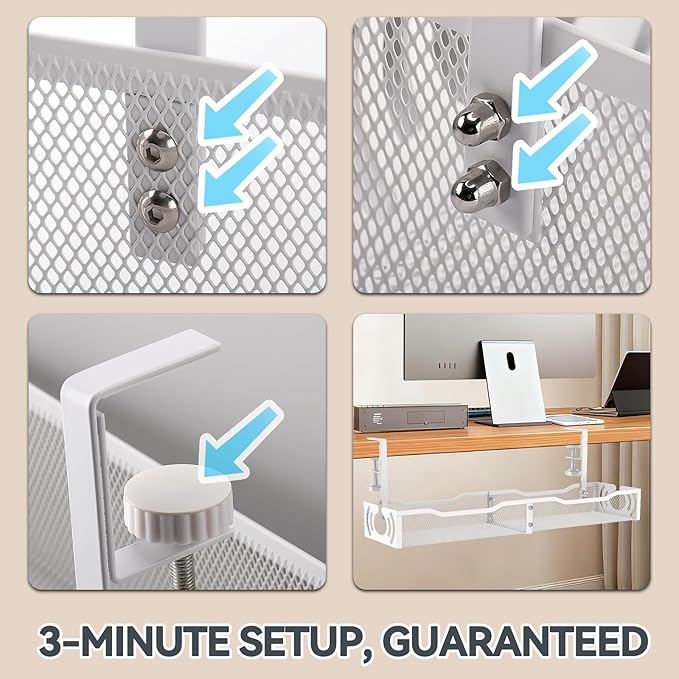 Cable Management, 25.3'' Under Desk Cable Management Tray No Drill, Metal Cable Organizer with Clamp for Wire Management, Cord Organizer for Home Office, Desk Accessories Organizer, White | Cable Raceways - TrueDesk