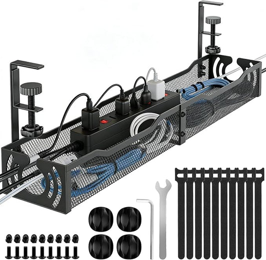 Cable Management, 25.3'' Under Desk Cable Management Tray No Drill, Metal Cable Organizer with Clamp for Wire Management, Cord Organizer for Home Office, Desk Accessories Organizer, Black | Cable Raceways - TrueDesk