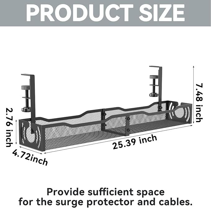 Cable Management, 25.3'' Under Desk Cable Management Tray No Drill, Metal Cable Organizer with Clamp for Wire Management, Cord Organizer for Home Office, Desk Accessories Organizer, Black | Cable Raceways - TrueDesk