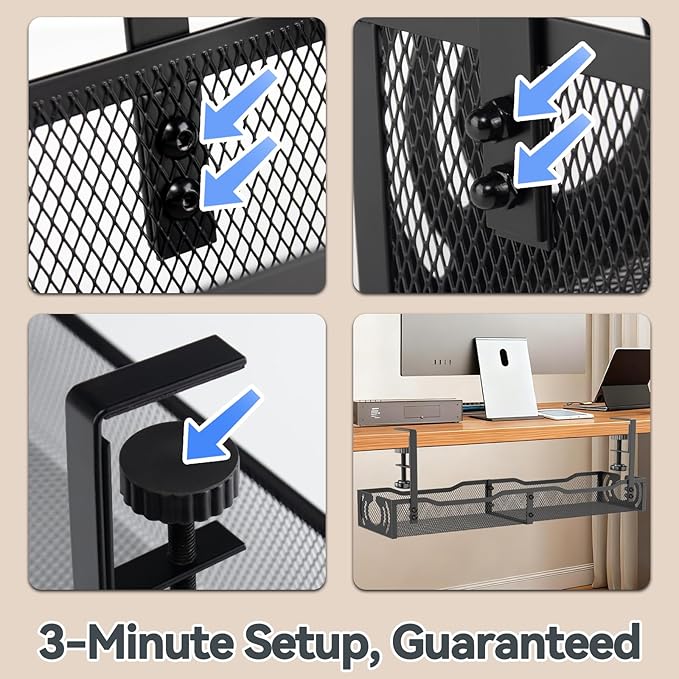 Cable Management, 25.3'' Under Desk Cable Management Tray No Drill, Metal Cable Organizer with Clamp for Wire Management, Cord Organizer for Home Office, Desk Accessories Organizer, Black | Cable Raceways - TrueDesk