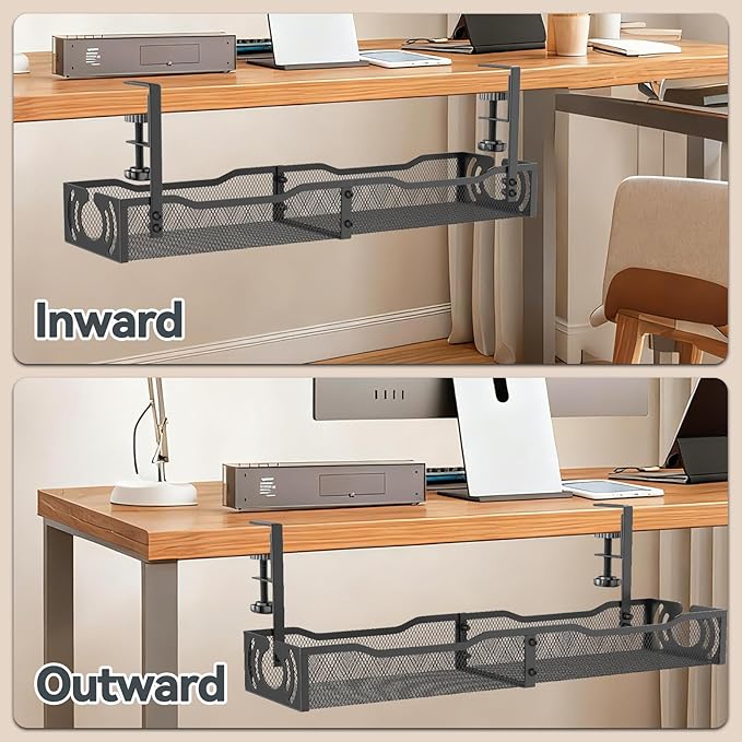 Cable Management, 25.3'' Under Desk Cable Management Tray No Drill, Metal Cable Organizer with Clamp for Wire Management, Cord Organizer for Home Office, Desk Accessories Organizer, Black | Cable Raceways - TrueDesk