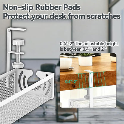 Cable Management, 25.3'' Under Desk Cable Management Tray No Drill, Metal Cable Organizer with Clamp for Wire Management, Cord Organizer for Home Office, Desk Accessories Organizer, White | Cable Raceways - TrueDesk