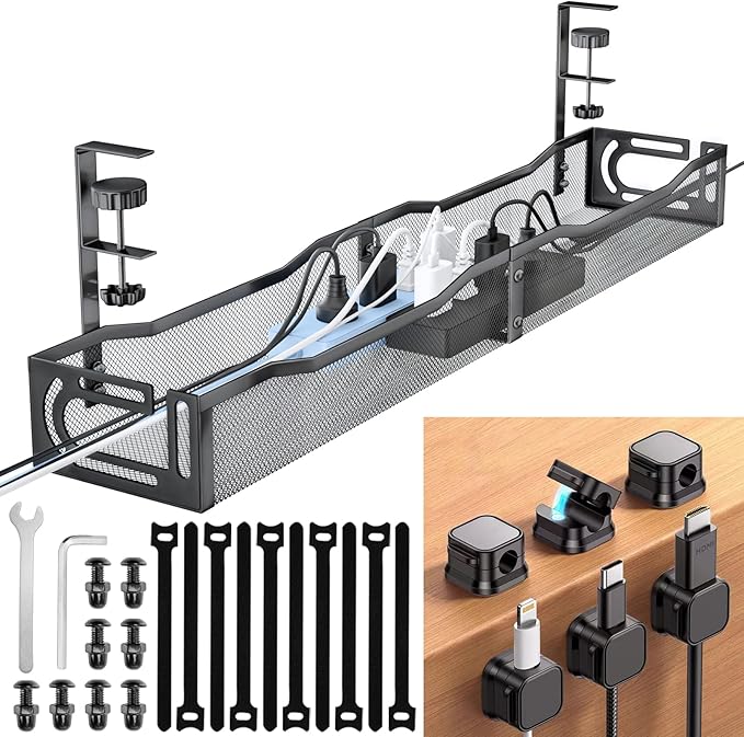Cable Management Under Desk, 25.3'' No Drill Desk Cable Management Tray with Clamp, Metal Cord Organizer for Standing Desk, Computer Wire Management for Home Office & Gaming Setup, Black | Racks Cabinets - TrueDesk
