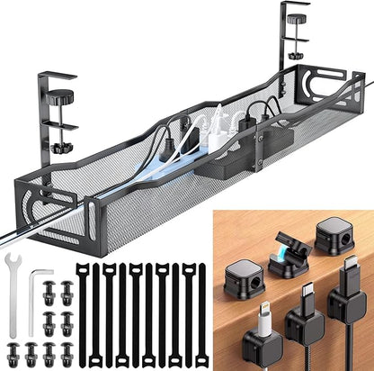 Cable Management Under Desk, 25.3'' No Drill Desk Cable Management Tray with Clamp, Metal Cord Organizer for Standing Desk, Computer Wire Management for Home Office & Gaming Setup, Black | Racks Cabinets - TrueDesk
