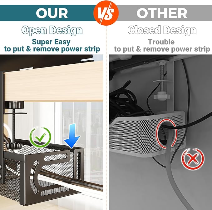 Cable Management Under Desk, 25.3'' No Drill Desk Cable Management Tray with Clamp, Metal Cord Organizer for Standing Desk, Computer Wire Management for Home Office & Gaming Setup, Black | Racks Cabinets - TrueDesk