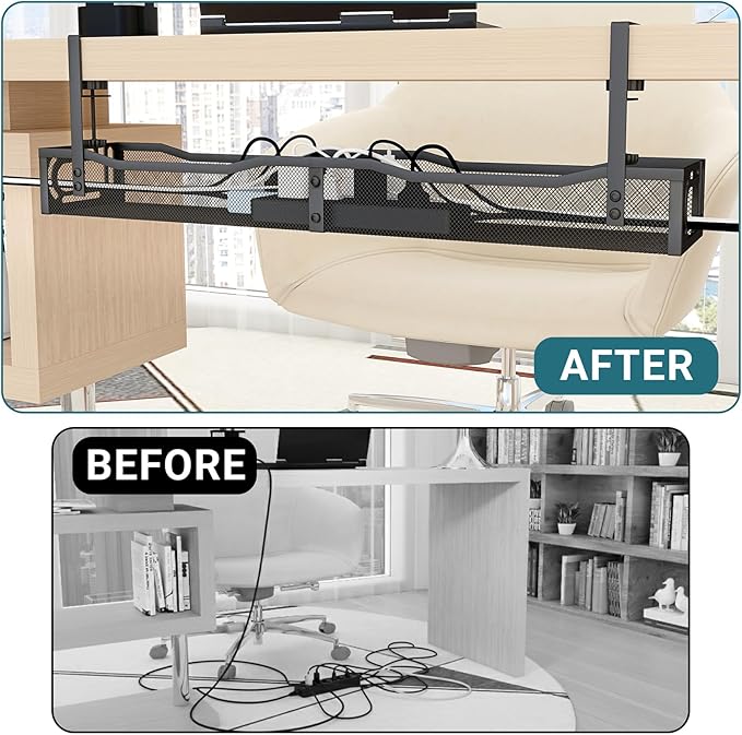 Cable Management Under Desk, 25.3'' No Drill Desk Cable Management Tray with Clamp, Metal Cord Organizer for Standing Desk, Computer Wire Management for Home Office & Gaming Setup, Black | Racks Cabinets - TrueDesk