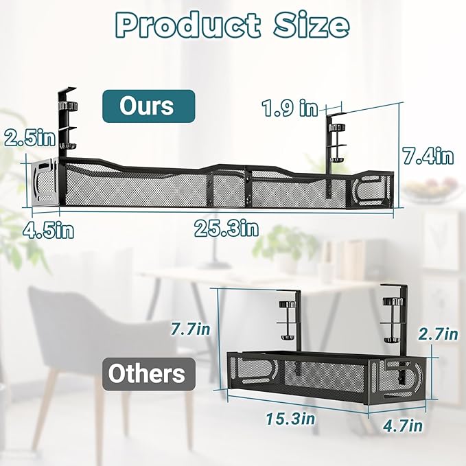 Cable Management Under Desk, 25.3'' No Drill Desk Cable Management Tray with Clamp, Metal Cord Organizer for Standing Desk, Computer Wire Management for Home Office & Gaming Setup, Black | Racks Cabinets - TrueDesk
