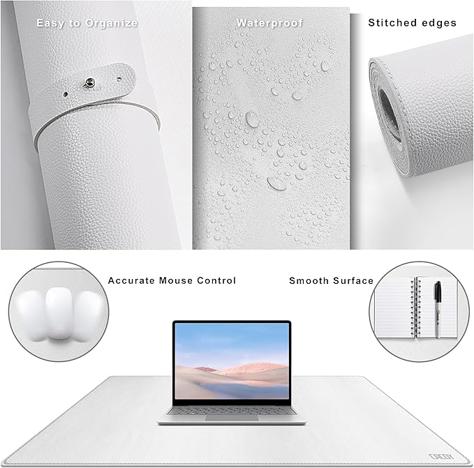 Cacoy 36" x 20" Leather Desk Mat, XXL Large Gaming Keyboard Mouse Pad, Computer Desk Pad Protector, Waterproof Desk Mats on Top of Desks, Office Desk Blotters (White) | Desk Pads Blotters - TrueDesk