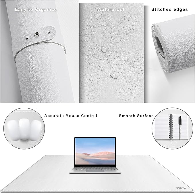 Cacoy 40" x 24" Leather Desk Pad Protector, Large Desk Mats on Top of Desks, Waterproof Computer Desk Mat XXL Keyboard Mouse Pad for Office and Home (White) | Desk Pads Blotters - TrueDesk