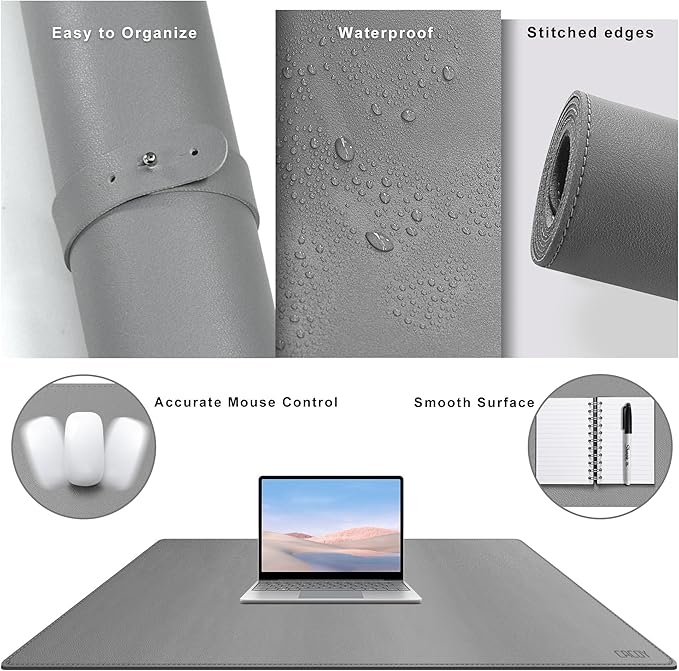 Cacoy 40" x 24" PU Leather Moues Pad for Desk, XXL Large Computer Desk Pad Blotters for Keyboard and Mouse, Waterproof Desk Mat Protector for Office and Home (Grey) | Desk Pads Blotters - TrueDesk