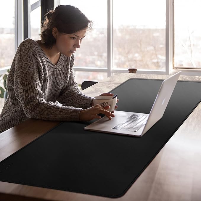 Cacoy 59" x 20" Leather Desk Mat Desk Pad Blotter, Extra Large Desk Cover Mat Protector & Large Gaming Mouse Pad, Waterproof PU Leather Computer Keyboard Mat Desk Accessories for Office & Home, Black | Desk Pads Blotters - TrueDesk