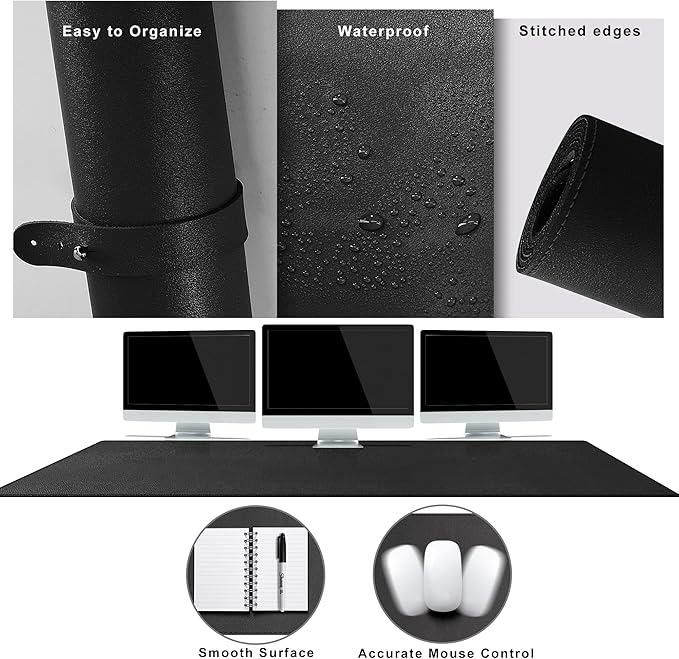 Cacoy 67" x 20" Leather Desk Mat, Extended PU Leather Desk Pad Protector, Large Gaming Mouse Pad for Desk, Desk Blotter, Desk Pads on Top of Desks, Desk Matt for Desktop, Office Desk Mat (Black) | Desk Pads Blotters - TrueDesk