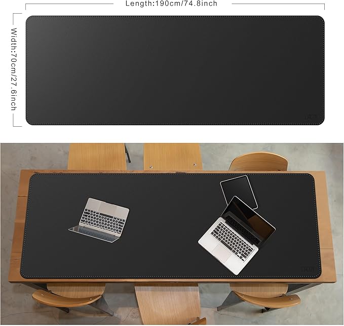 Cacoy 74.8'' x 27.5'' Leather Desk Mat, PU Leather Desk Pad Blotter Protector, Large Computer Mouse Pad, Waterproof Writing Mat, Desktop Matt for Desktop, Office Table Cover Pad (Black) | Desk Pads Blotters - TrueDesk