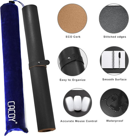 Cacoy Large Desk Mat, 48" x 24" Leather Desk Pad Protector with Cork & PU Leather, Double - Sided Office Desk Cover Mat, Large Computer Mouse Pad, Waterproof Desk Blotter Pad for Office and Home, Black | Desk Pads Blotters - TrueDesk