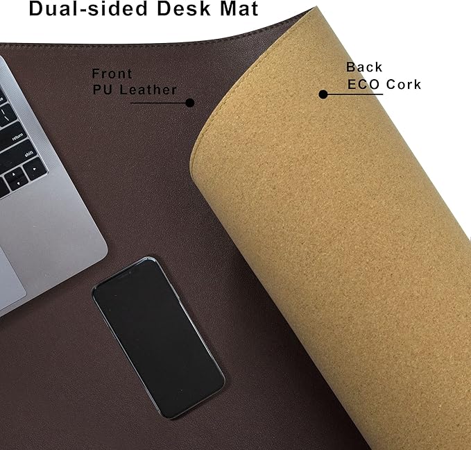 Cacoy Large Desk Mat 48" x 24" Leather Desk Pad Protector with Cork & PU Leather, Dual - Sided Office Desk Mat, Large Mouse Pad, Waterproof Desk Blotter Pad for Office and Home (Brown) | Desk Pads Blotters - TrueDesk