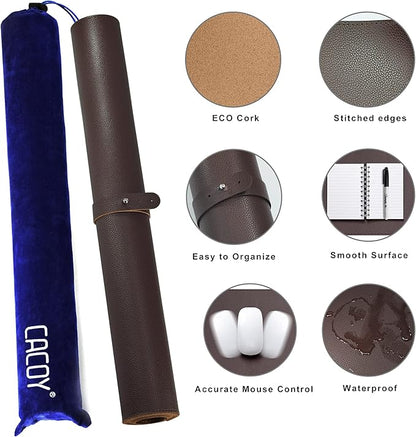 Cacoy Large Desk Mat 48" x 24" Leather Desk Pad Protector with Cork & PU Leather, Dual - Sided Office Desk Mat, Large Mouse Pad, Waterproof Desk Blotter Pad for Office and Home (Brown) | Desk Pads Blotters - TrueDesk
