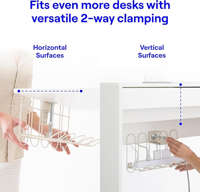 CarryUp Under Desk Cable Tray, No Drill Wire Management Clamp, Computer Cord Organizer, Cable Hider & Holder, Cord Keepers for Home Office Organization, Powder Coated Metal, Dorm Essentialss - Cream | Cable Raceways - TrueDesk