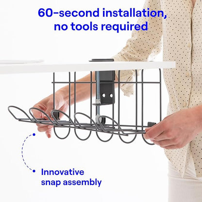 CarryUp Under Desk Cable Tray, No Drill Wire Management Clamp, Computer Cord Organizer, Cable Hider & Holder, Cord Keepers for Home Office Organization, Powder Coated Metal, Easy Install - Grey | Cable Raceways - TrueDesk