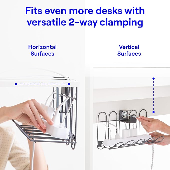 CarryUp Under Desk Cable Tray, No Drill Wire Management Clamp, Computer Cord Organizer, Cable Hider & Holder, Cord Keepers for Home Office Organization, Powder Coated Metal, Easy Install - Grey | Cable Raceways - TrueDesk