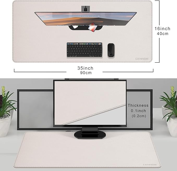 CENNBIE 35.5" x 16" Leather Desk Mat, Non - Slip Waterproof Extra Wide Desk Pad Protector,Computer Mouse Pad for Office Home (Cream) | Mouse Pads - TrueDesk