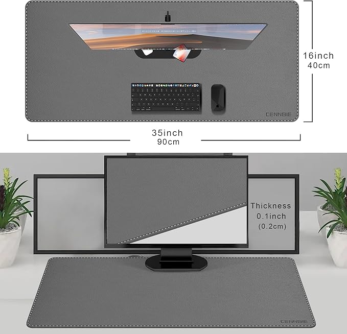 CENNBIE 35.5" x 16" Leather Desk Mat, Non - Slip Waterproof Extra Wide Desk Pad Protector,Computer Mouse Pad for Office Home (Grey) | Mouse Pads - TrueDesk